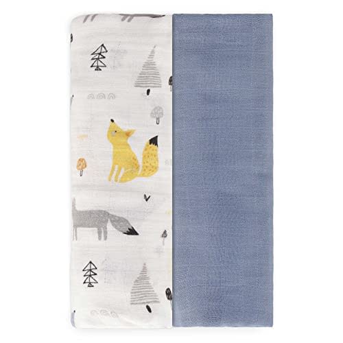 Featherhead™ 100% Cotton Muslin Swaddle Blankets for Baby Boy - Large 47”x 47” - Pre-Washed, Soft, & Breathable - Newborn Essential & Perfect Baby Registry Gift (2 Pack - Blue Foxes)