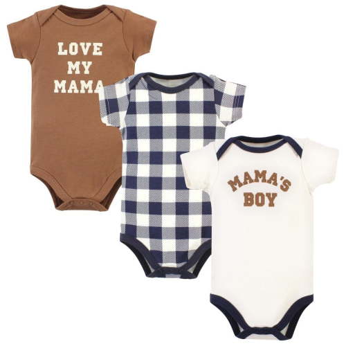 Hudson Baby Infant Boy Cotton Bodysuits, Brown Navy Mamas Boy 3-Pack, 0-3 Months