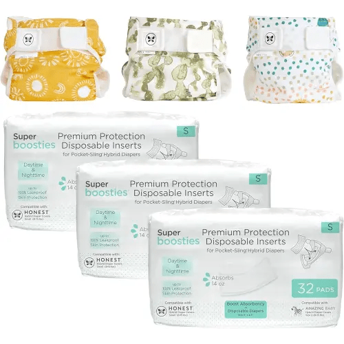 Super Boosties 96ct + Honest Hybrid Cloth Diaper Cover with Pocket-Sling, Small (8-15 lbs), Stops Nighttime Leaks, Boosties Disposable Diaper Inserts, Honest Cotton Muslin Covers, 3 Pack