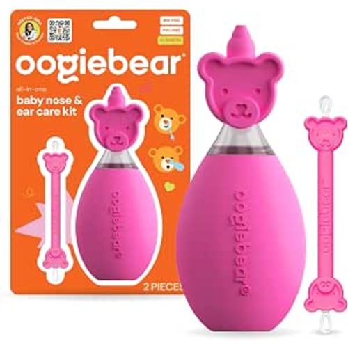 oogiebear All-in-One Baby Nose & Ear Breathing Kit, 2 Pieces, Raspberry | Snot Buster™ Nasal Aspirator & Nose Cleaner, Safe Mucus & Dual-Ended Ear Wax Remover Newborns, Infants & Toddlers, BPA-Free
