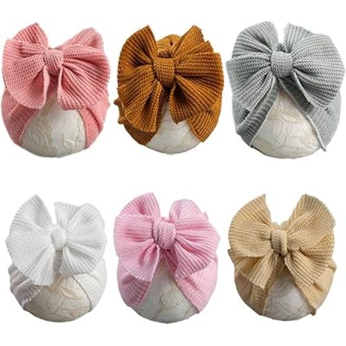 Baby Girls Hair Bow Turban Hat 6PCS Set, Top Bowknot Head Wrap Beanie India Caps for Infant Toddlers