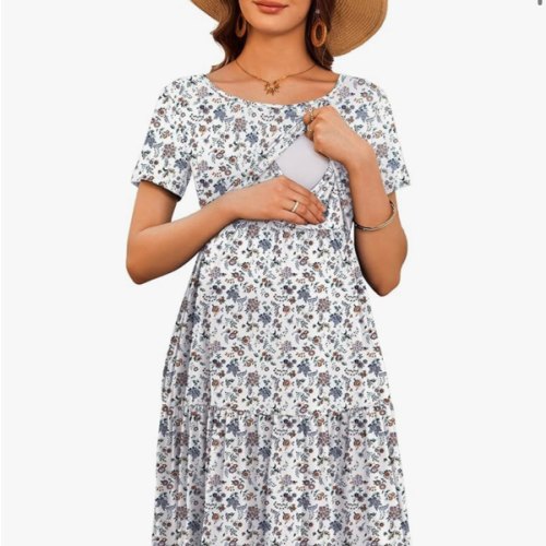 Ekouaer Nursing Dress Summer Short Sleeve Breastfeeding Casual Knee Length Maternity Dresses S-XXL