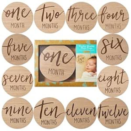 Kate & Milo Baby Monthly Milestone Marker Discs - Classic Cursive Script Wooden Discs with Reversible Photo Props for Baby Announcement and Milestones, Gender-Neutral Gift for Newborn Boy and Girl