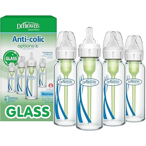 Dr. Brown's Anti-Colic Options+ Narrow Glass Baby Bottle with Level 1 Slow Flow Nipple, BPA-Free, 8 oz/250 mL, 0m+, 4-Pack (Packaging May Vary)