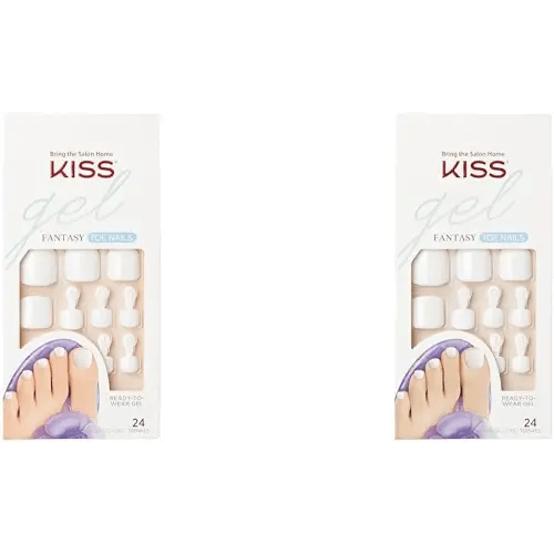 KISS Gel Fantasy Press On Toenails, Nail Glue Included, This is Classic', White, Short Size, Squoval Shape, Includes 24 Nails, 2g glue, 1 Manicure Stick, 1 Mini File (Pack of 2)