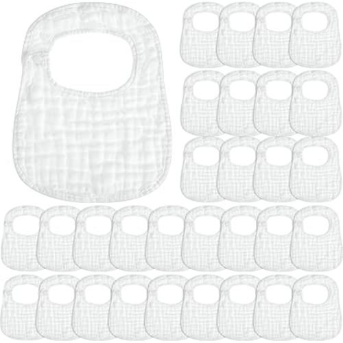 Reginary 30 Pack White Muslin Bibs Bulk for Boy Girl Muslin Baby Bibs Adjustable 6 Layers Cotton Bandana Soft Absorbent Washable Snap for Baby Decorating Newborn Infant Drooling Eating Feeding Gifts
