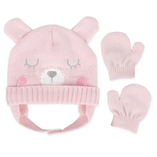 Baby Essentials Stretch Knit Fleece Insulated Trapper Hat with Bear Face, Ear Flaps, Velcro Closure Chin Strap and Matching Pair of Mittens for Newborn, Infant and Toddler Girls 0 – 12 Months in Pink