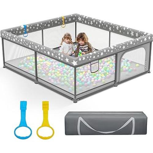 Palopalo Baby Playpen 71"x59", Extra Large Baby Play Pen with Gate & 8 Suction Cup Bases, Sturdy Baby Activity Center with All Wrapped Cushion, Soft Mesh Playard for Babies and Toddlers, Gray Star
