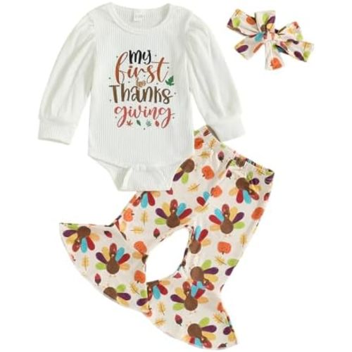 My First Thanksgiving Baby Girl Outfit Newborn Puff Long Sleeve Ribbed Knit Romper Turkey Flare Pants Headband Set