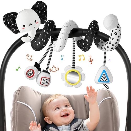 URMYWO Spiral Car Seat Toys for Babies 0-6 Months, Black and White Baby Toys, High Contrast Baby Toys for Newborn, Hanging Toy Fits Stroller, Shower Gift for Boys Girls