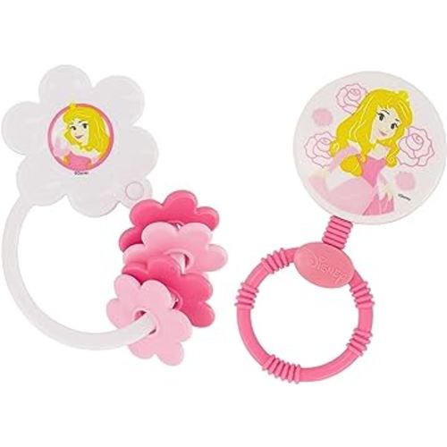 2 Pack Disney Princess Character Shape Rattle and Keyring Teether, Premium Toddler Birthday Toys, Infant Teething Toys, Great for Newborn Shower Gifts