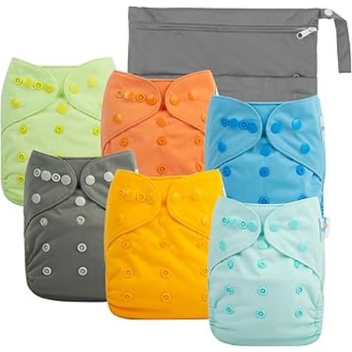 Babygoal Cloth Diaper Covers 6 Pack with Wet Bag for Fitted Diapers and Prefolds with Double Gussets, Adjustable and Reusable for Baby Boys and Girls 6DCF06