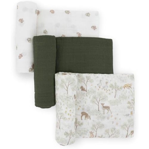 Little Unicorn Muslin Swaddle Blanket for Newborns & Infants | Soft & Breathable Fabric | Set of 3 Baby Blankets for Swaddling, Nursing, Shower Gifts (Woodland Friends)