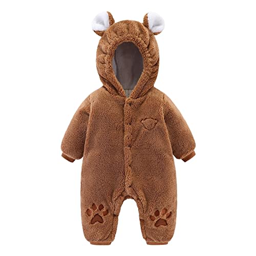 IADOER Baby Newborn Snowsuit Fleece Winter One-Piece Suit Cartoon Bear Warm Hooded Jumpsuit Outwear Outfits for Girls Boys