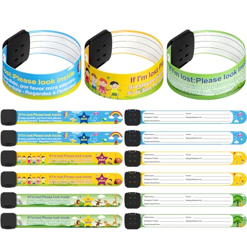 Blosssound 12 Pcs Kids ID Bracelets Wristband Reusable Waterproof ID Band | Kids ID Wristband Reusable Child Waterproof ID Band, Adjustable Anti Lost Wristband, Boys Girls Travel Outdoor Activities