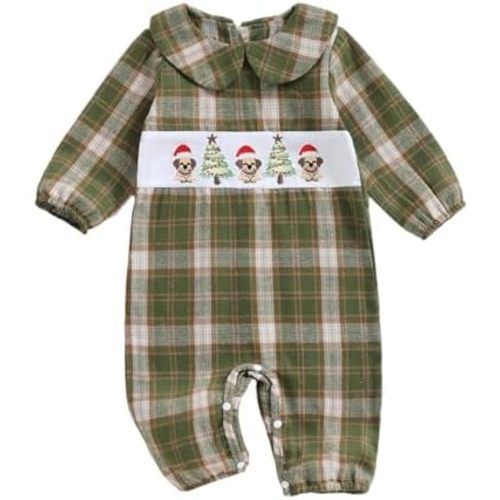 Thorn Tree Newborn Baby Boy Outfit Dinosaur Embroidery Plaid Long Sleeve Romper Fall Infant Smocked Clothes