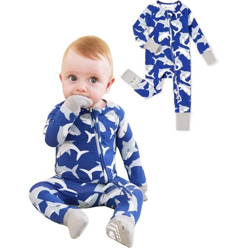 PATPAT Organic Cotton Baby Footie Pajamas with Two-Way Zipper & Fold-Over Mittens, Soft Stretchy Romper for Newborn Boy Girl