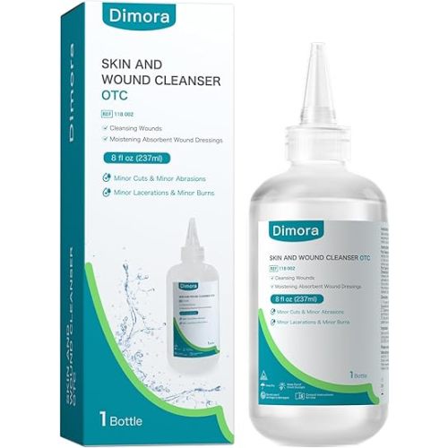 Dimora Skin and Wound Cleanser, OTC First Aid Antiseptic Cleanser,Moistening Absorbent Antibacterial Wound Dressings for Cuts, Abrasions, Lacerations, Burns, Skin Cleansing and Rinsing -8oz / 237mL