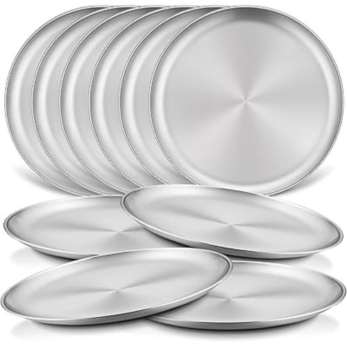 HaWare 10-Piece 18/8 Stainless Steel Kids Plates, 8 Inches Metal Dinner Plates for Toddler Child, Round Serving Trays for Feeding Camping, Non-Toxic Dishes, Shatterproof & Reusable, Dishwasher Safe