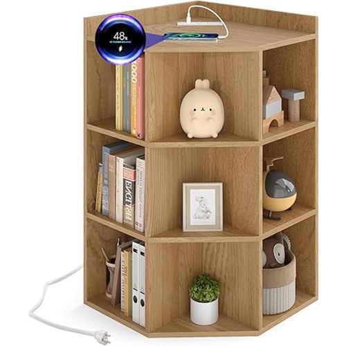 Costzon Corner Toy Storage Organizer, 3-Tier Wooden Cabinet with USB Ports and Outlets, 9 Cube Bookcase for Toys, Books, Kids Bookshelf and Toy Storage for Kids Room, Nursery, Living Room (Natural)