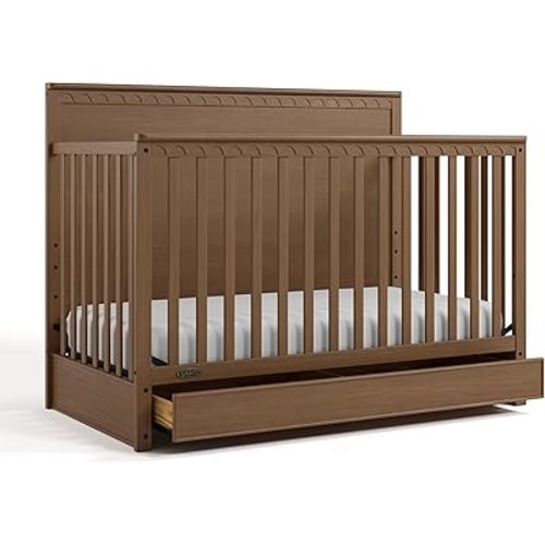 Graco Sasha 5-in-1 Convertible Crib with Drawer (Hazelnut) – GREENGUARD Gold Certified Wood Crib, Converts to Toddler Bed, Daybed, Full-Size Bed, Stylish Classic Design