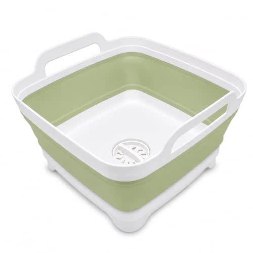 2.4 Gal(9L) Collapsible Dish Basin with Drain Plug, Space Saving Outdoor Multiuse Foldable Sink Tub, Dishpan, Kitchen Storage Tray for Camping, Vegetable Washing, RV (Green)