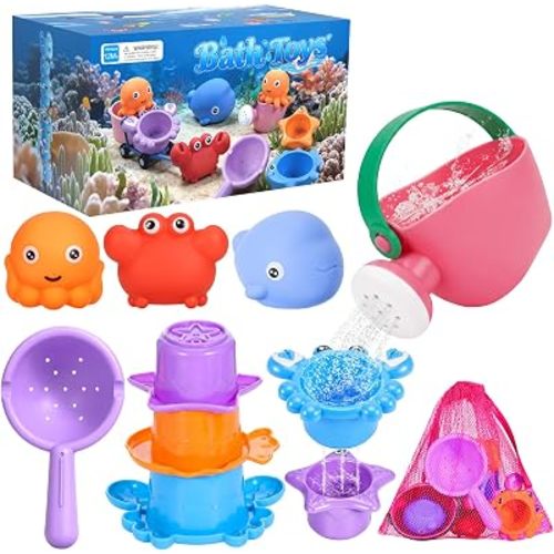 DRAMATION 9-Piece Baby Bath Toys for Kids Ages 1-3, Pour, Scoop & Stack