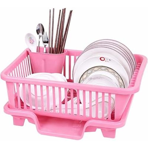 Dish Drying Rack with Drainboard, Countertop Dish Drainer for Plates, Bowls & Cups, Non-Slip Plastic Dish Rack with Swivel Drain Spout, Large Capacity (Pink)