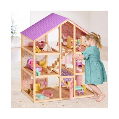 Wooden Dollhouse for Girls - Pretend Play Doll House with 31Pcs Furniture Accessories