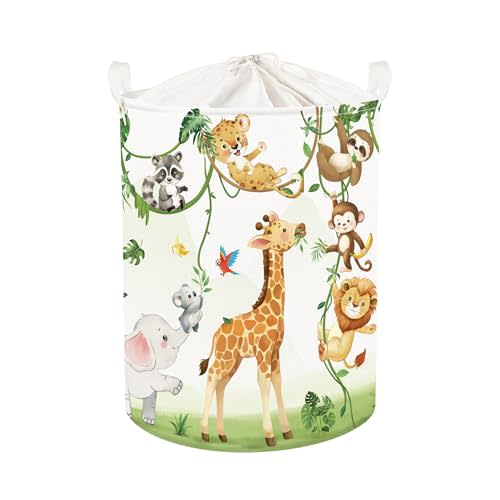 HUUMONSS Giraffes Baby Laundry Hamper with Handle Collapsible Clothes Kids Storage Basket Elephants Boys Girls Gift Toy Box Bin for Nursery Room, White, 63L