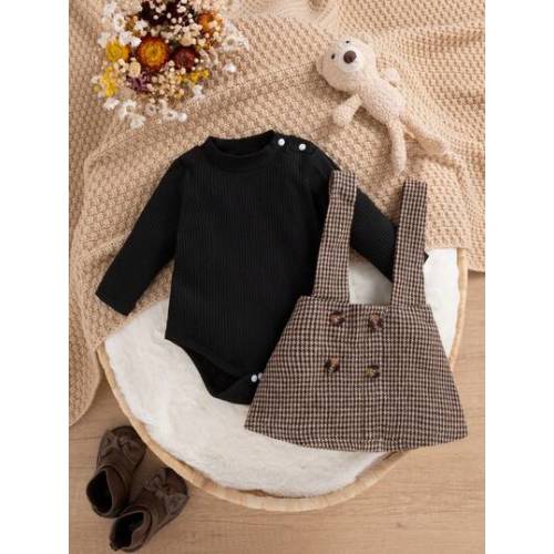 SHEIN Baby Girl Puff Sleeve Bodysuit & Houndstooth Print Suspender Skirt Autumn Fall | SHEIN USA
