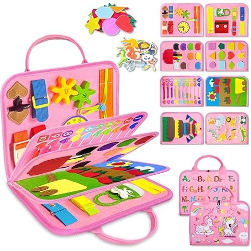 Exorany Busy Board Montessori Toys for Toddler Boy Girl Birthday Gifts, Busy Book Sensory Learning Toys for Toddlers, Toddler Airplane Car Travel Toy Educational Activities