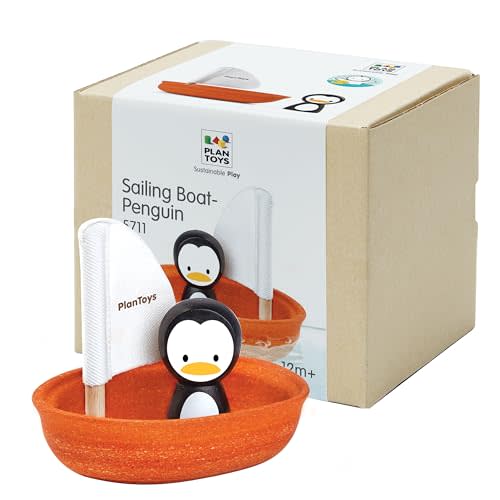 PlanToys® Wooden Penguin Sailing Boat Bath Toy for Toddlers | Montessori Floating Toy for Kids | Eco-Friendly Baby Water Toy for Bathtub, Pool & Water Table