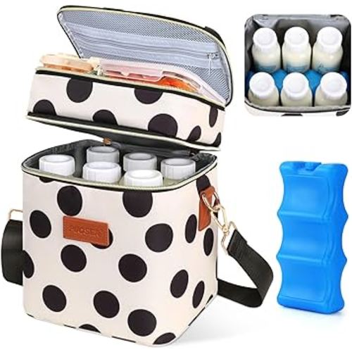 PIIOSER Breastmilk Cooler Bag with Ice Pack, Fits 6 Baby Bottles Up to 9 Oz, Stylish Baby Cooler Travel Bags with Shoulder Strap, Double Layer & Leakproof for Nursing & Working Moms, Black Polka Dots