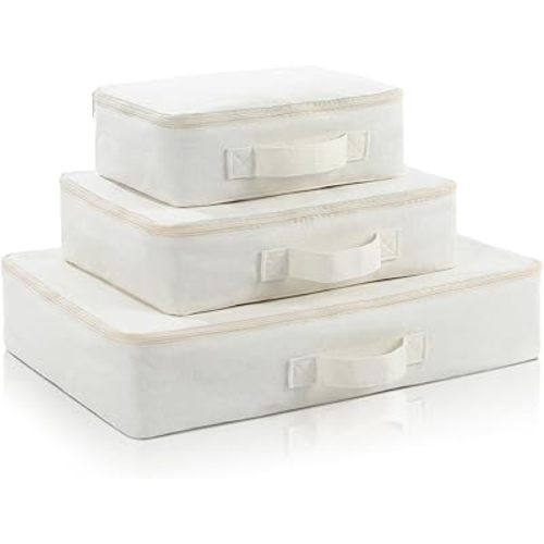 Shinymoon 3 Set 100% Cotton Packing Cubes with Handle Travel Luggage Storage Organizer Bags Beige Suitcases Bags Durable Zippers for Clothes Shoes Storage Weekender Plus Set (Small, Medium, Large)