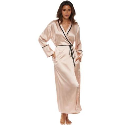 ADR Women's Long Satin Robe with Contrast Piping Tie Belt, Pockets, Full Length