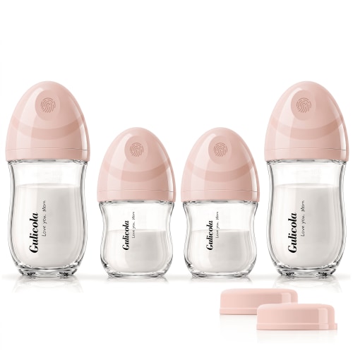 Gulicola Natural Glass Baby Bottles Set 4 Pack, Newborn Boy Breastfeeding Bottles with Slow Flow Nipples, 0 Months+, 3 oz & 5 oz - Pink