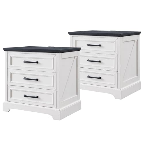 ACCOHOHO Farmhouse Nightstands Set of 2, 22 Inch Wide End Table with Charging Station & 3 Large Drawers, Rustic Wood Small Dresser Chest of Drawers for Bedroom, Living Room, Off White