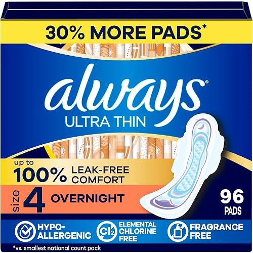 Always Ultra Thin Feminine Pads with Wings for Women, Size 4, Overnight Absorbency, Unscented, Up to 100% Leak-Free Comfort, 96 Count