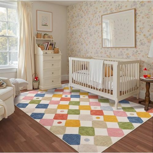 jinchan Macy Area Rug 5x7 Kids Washable Indoor Floor Cover Non-Slip Modern Soft Rug Elementary School Classroom Colorful Diamond Carpet for Nursery Playroom Daycare Bedroom Living Room Circus on Cream