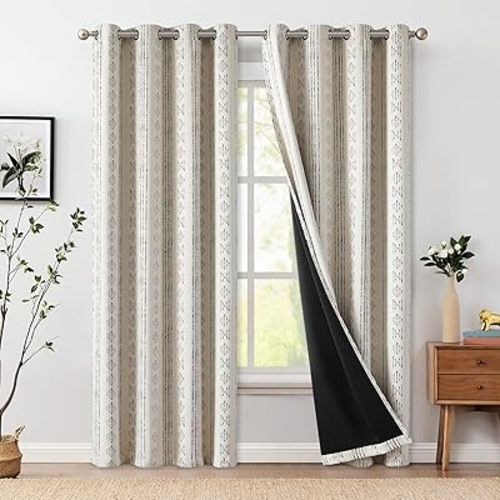 jinchan 95% Blackout Boho Curtains 84 Inches Long for Bedroom Living Room Black on Beige Geometric Printed Grommet Top Room Darkening Thermal Insulated Window Drapes 2 Panels