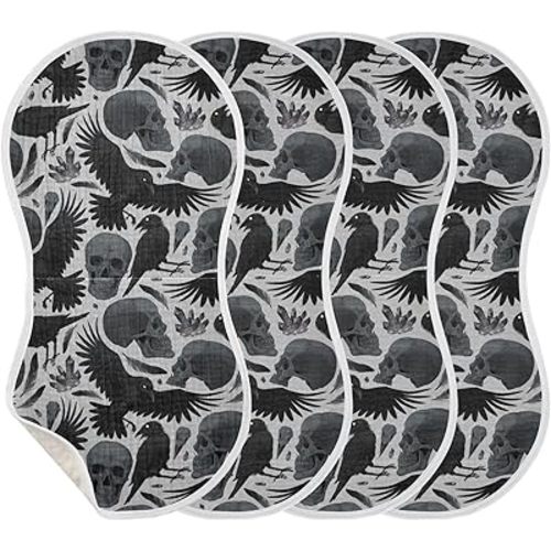 Muslin Baby Burp Cloths, Gothic Crows Skulls Muslin Washcloths Baby Bibs Rags Comfy Soft Absorbent in for Newborn Boys and Girls 4 Piece 22 x 11 Inch