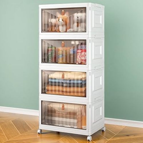 4 Tier Storage Bins with Lids, 23QT Stackable Closet Organizers and Storage with Wheels, Collapsible Storage Boxes, Foldable Plastic Storage Containers for Home,Office, Dorm Room-White
