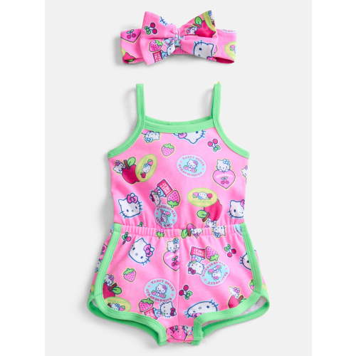 Hello Kitty Baby Girls Spaghetti Strap Print Romper with Matching Bow Headband, Sizes 0/3M-24M