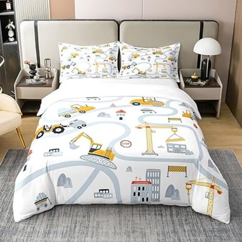 Erosebridal 100% Natural Cotton Vehicle Duvet Cover, Yellow Construction Truck Comforter Twin Comforter Set Tractor Bedding Twin Bedding Sets for Boys Cute Comfy Cozy Room Decor