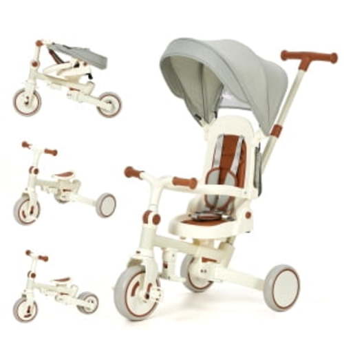 Ataucjin 7-in-1 Foldable Baby Tricycle,Baby Tricycle with Adjustable Parent Handle,Toddler Trike with Safety Harness, Wheel Brakes & Removable Canopy for Toddlers 1-6 Years