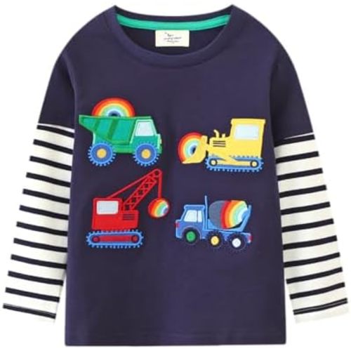 Toddler Baby Boy Embroidered Graphic Long Sleeve T-Shirt Excavator Tops Kids Striped Tees for 2-7T