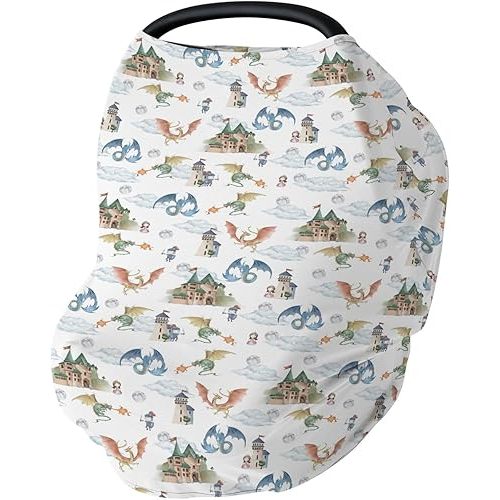 Fairytale Dragon and Knights Car Seat Cover for Babies Fantasy Dragons Princess Castle Stretchy 5-in-1 Cover Adjustable Infant Carseat Cover Canopy Moon Clouds Breathable Nursing Cover-Up