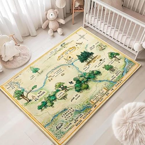 Estmy Washable Vintage Woodland Rug, 3x5 Cute Fun Nursery Rugs for Girls Boys Neutral, Thin Pile Faux Wool Soft Stain Resistant Hundred Acre Wood Map Carpet, Cartoon Retro Kids Play Rug Infant Playmat