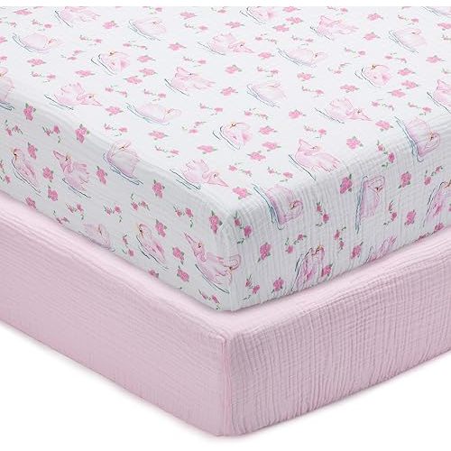 LollyBanks Baby Girl Crib Sheets 2 Pack, 100% Muslin Cotton Soft and Breathable Baby Crib Sheets, Snug Fitted Sheet for Standard 52"x28" Mattress, Baby Nursery Essentials (Swan and Solid Pink)